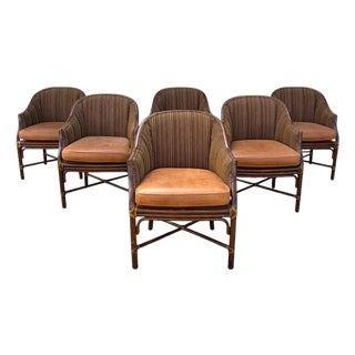 Set of Six McGuire Rattan Caned Toboggan Dining Chairs For Sale