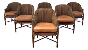 Set of Six McGuire Rattan Caned Toboggan Dining Chairs