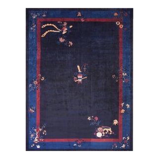 1930s Dark Blue Floral Antique Peking Rug 11' X 15' Handknotted Wool Carpet For Sale