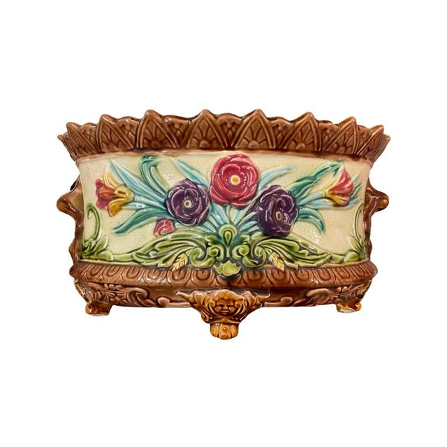 Majolica Late 19th Century Victorian French Majolica Footed Floral Jardiniere For Sale - Image 4 of 6