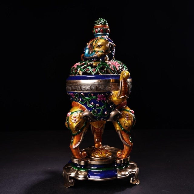 1990s Cloisonné & Bronze Elephant Tripod Censer - Enamel Incense Burner For Sale - Image 5 of 9