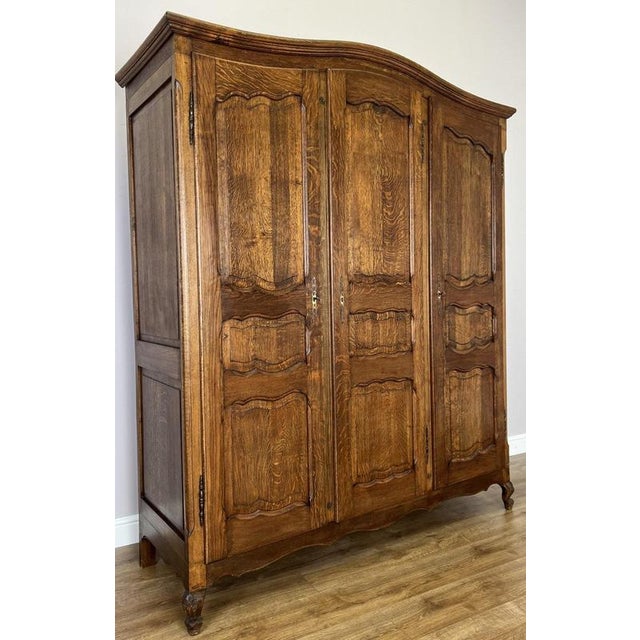 Vintage French Louis XVI Style Carved Oak 3-Door Wardrobe For Sale - Image 5 of 16