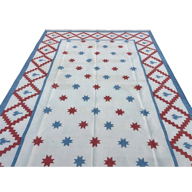White Handwoven Cotton Area Rug Vegetable Dyed Sky Blue, Cream and Terracotta Star Patterned Dhurrie - 6'x9' For Sale - Image 8 of 13