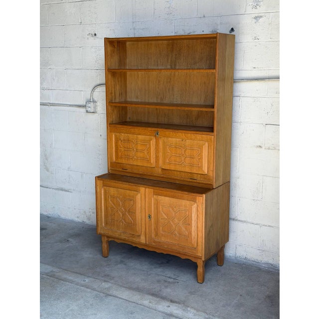Vintage Danish Oak Secretary Cabinet in Style of Henning Kjærnulf Scandinavian Bookcase Hutch For Sale In Los Angeles - Image 6 of 9
