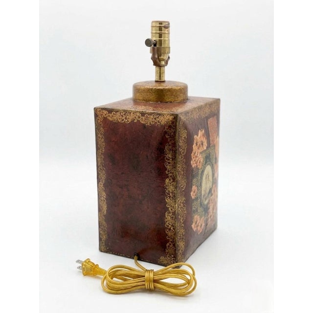 Metal Vintage Chinoiserie English Tole Tea Caddy Lamp For Sale - Image 7 of 10
