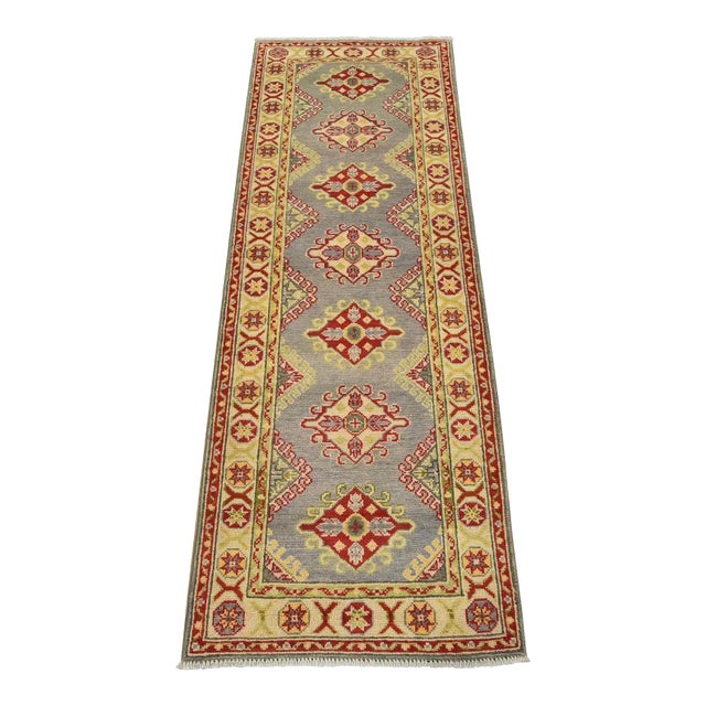 Kazak Runner 2’2” X 6’2” Gray Wool Tribal Hand-Knotted Oriental Rug For Sale