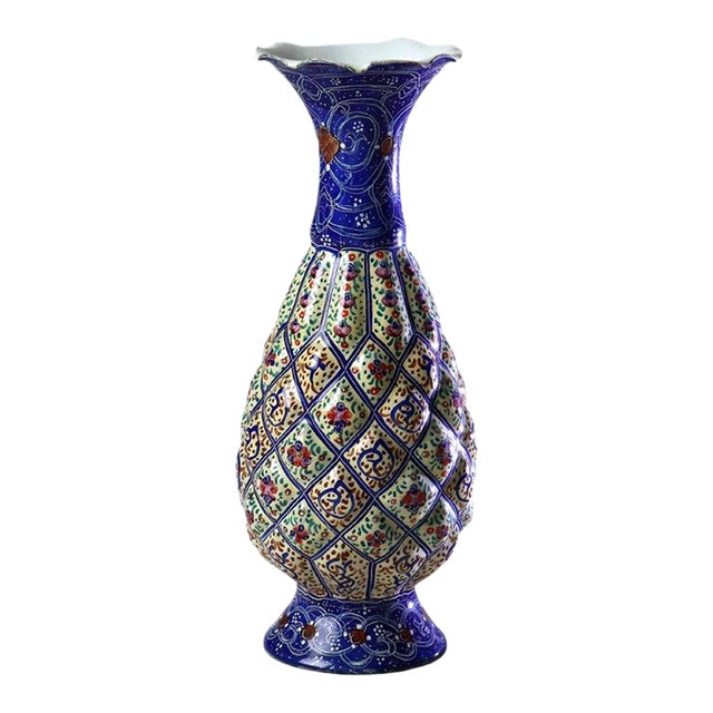 Antique Persian Quilted Porcelain Floral Enameled Vase Signed C1920 For Sale