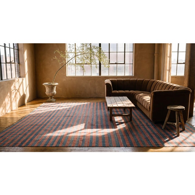 Raspberry Pink Handmade Raspebery Pink and Blue Stripe Pattern Dhurrie Style Antique Indian Cotton Rug For Sale - Image 8 of 8