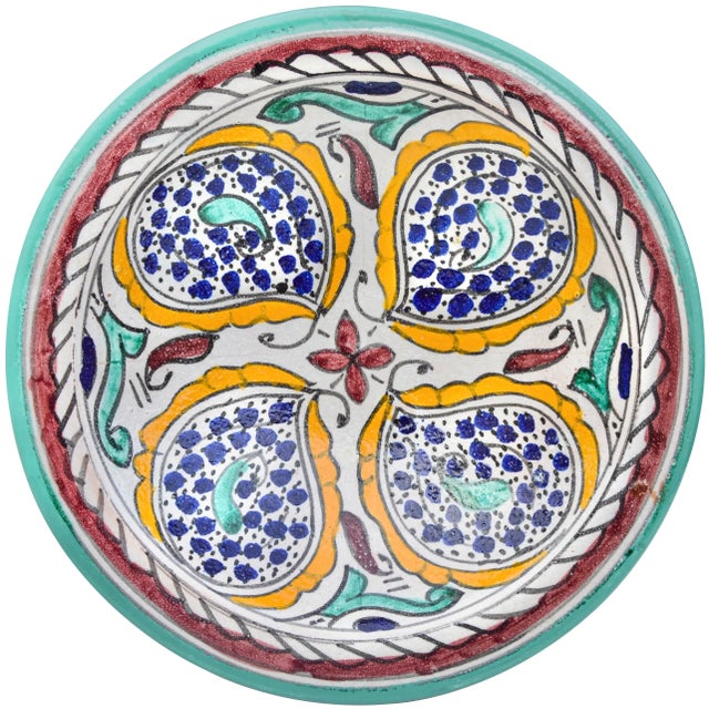 One-of-a-kind antique handcrafted and glazed Moroccan ceramic decorative plate. Featuring an elaborate hand-painted...