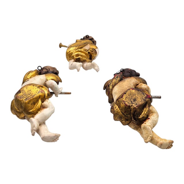 Italian Hand Carved Gilt Wood Putti Wall Sculptures – Set of Three For Sale - Image 9 of 10