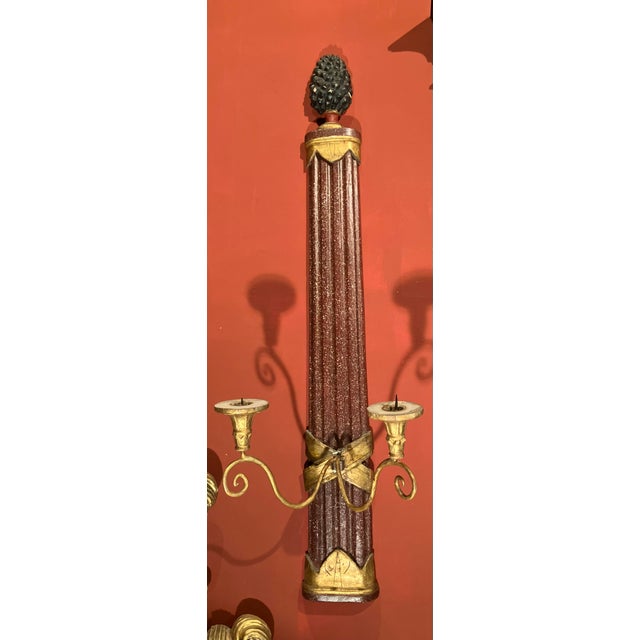 Hollywood Regency Large Tuscan Empire Giltwood and Faux Porphyry Wall Sconces, Set of 2 For Sale - Image 3 of 15