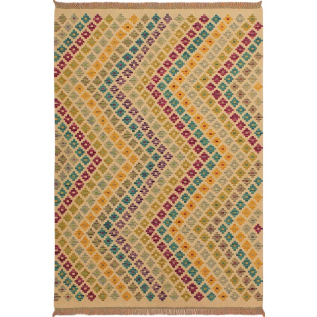 Shabby Chic Ivory/Purple Hand-Woven Wool Kilim -5'0 X 6'6 For Sale