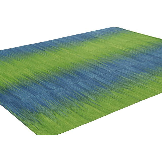 Rug & Kilim’s Contemporary Kilim in Green and Blue Stripes and Geometric Pattern For Sale In New York - Image 6 of 8