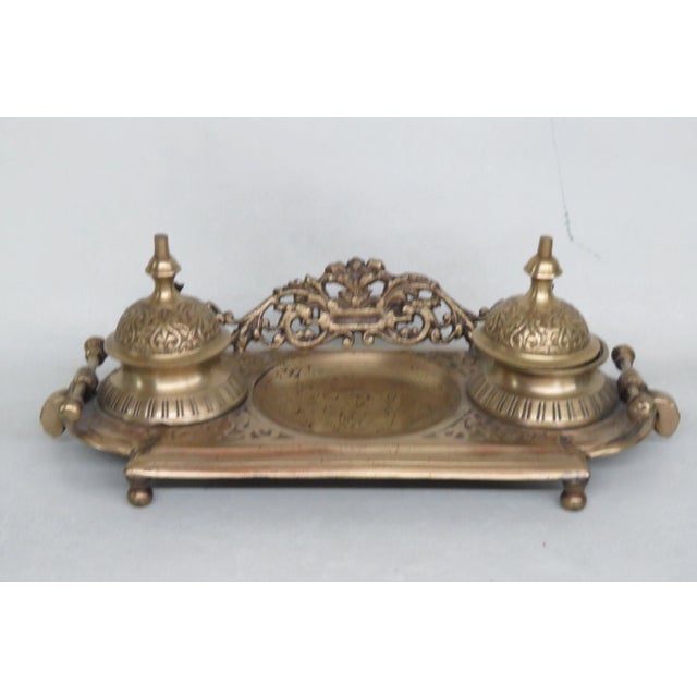 Brass Finish Metal Double Inkwell For Sale - Image 12 of 12