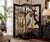 A striking vintage four-panel Chinoiserie folding screen featuring an elaborate landscape of phoenixes, flowering foliage,...