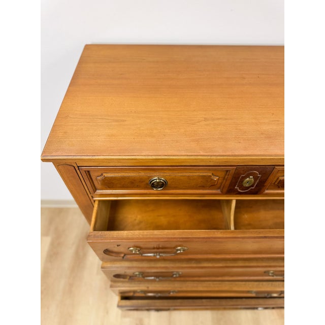 Vintage Thomasville Transitional Tallboy Dresser, Burlwood Accents, MCM Casegood For Sale - Image 9 of 18
