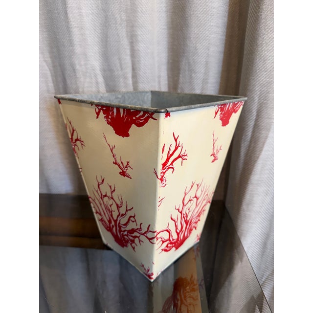Vintage 1980s decoupage red coral design with cream white background tole waste basket.