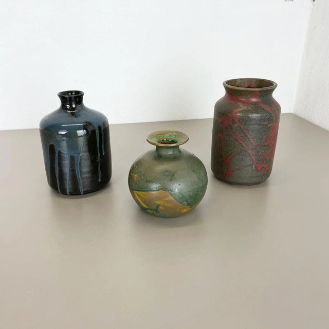 Ceramic vases set of 3. Producer: Elmar & Elke Kubicek, Germany. Decade: 1970s. This original vintage Studio Pottery...