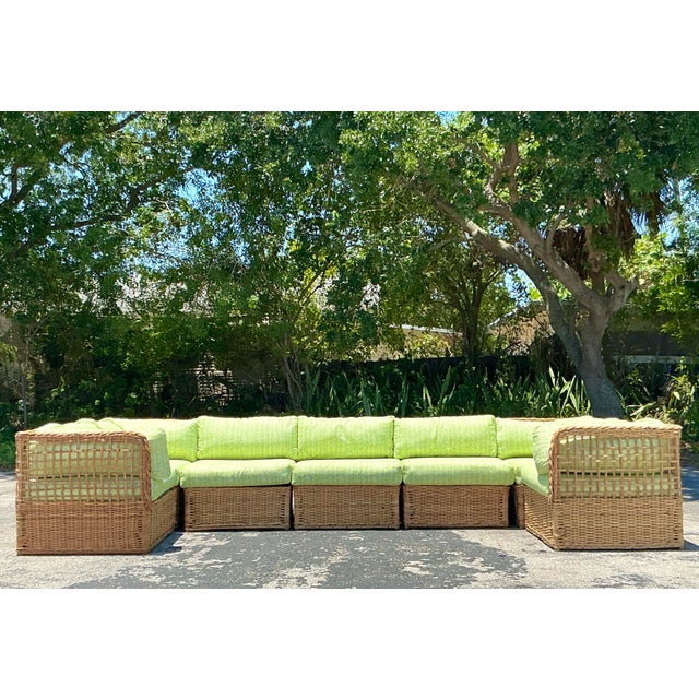 Tan Vintage Coastal Braided Rattan Quadrille “Zig Zag” Sectional Sofa For Sale - Image 8 of 11