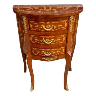 French Demi-Lune Side Table With Three Drawers, Floral Marquetry & Gold Leaf Details For Sale