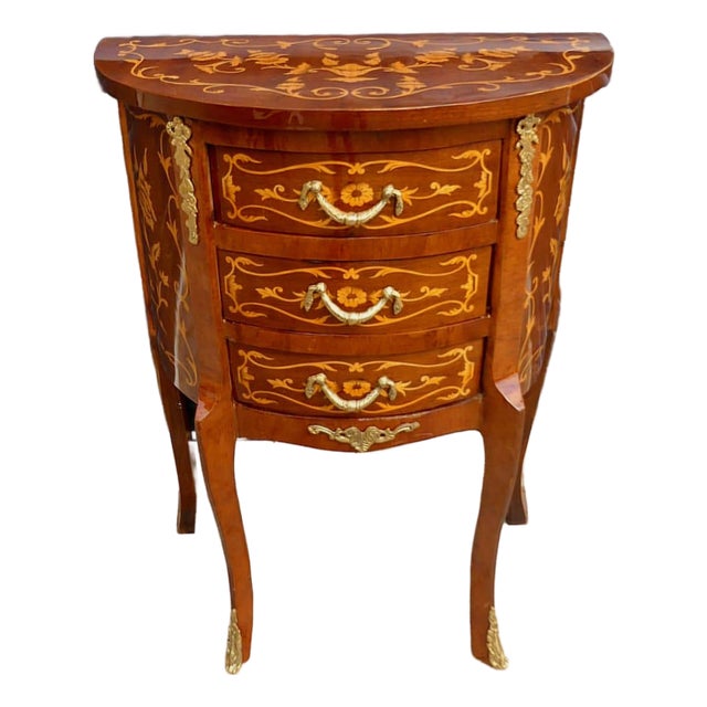 French Demi-Lune Side Table With Three Drawers, Floral Marquetry & Gold Leaf Details For Sale
