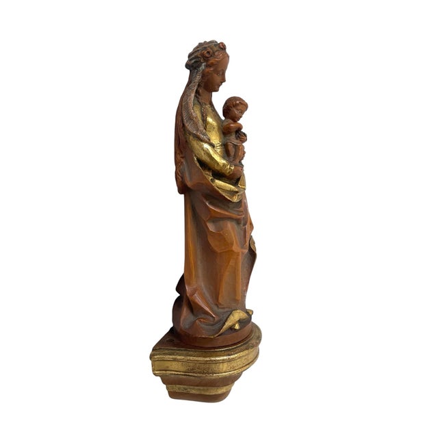 Rustic European Karl Storr Munich Hand Carved Virgin Mary & Jesus Wood & Gold Gilt. Wall Shelf For Sale - Image 3 of 7