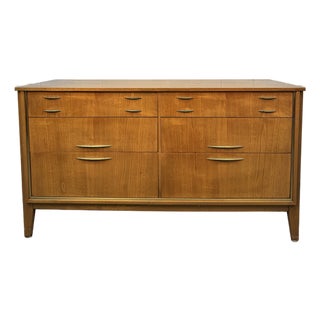 Mid-Century Six Drawer Walnut & Brass Lowboy Dresser by West Michigan Furniture Co. Attributed For Sale