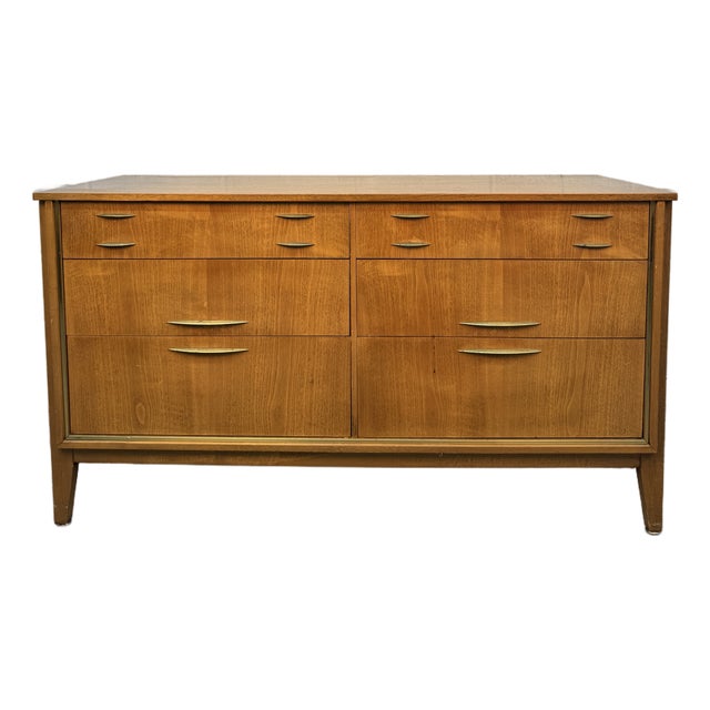Mid-Century Six Drawer Walnut & Brass Lowboy Dresser by West Michigan Furniture Co. Attributed For Sale