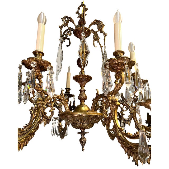 Antique Spanish Brass 6-Arm Heavy Chandelier With Crystal For Sale - Image 11 of 12