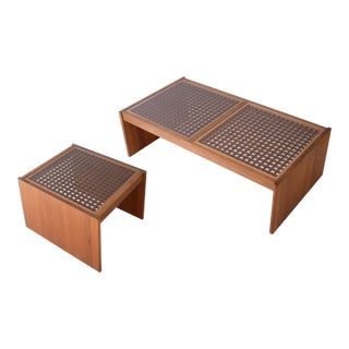 Vintage Danish Komfort Lattice Pattern Teak and Glass Coffee Table & Side Table Set For Sale