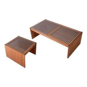 Vintage Danish Komfort Lattice Pattern Teak and Glass Coffee Table & Side Table Set