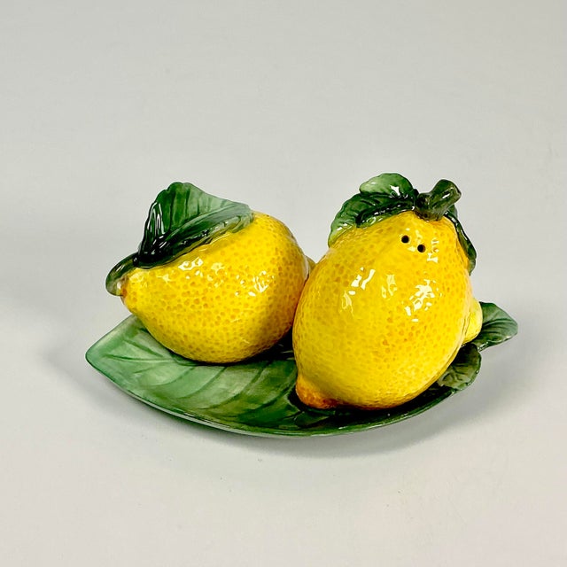 1980s Vintage Hollywood Regency Majolica Lemon Salt & Pepper Shaker - Set of 3 For Sale - Image 6 of 17