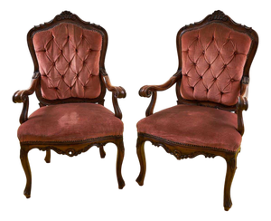 Vintage Wooden and Velvet Armchairs, Set of 2
