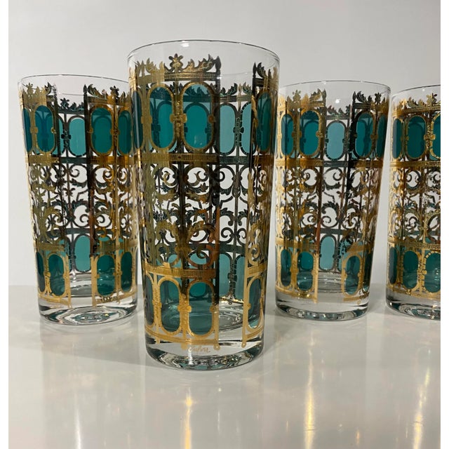 1950s Culver “Emerald Scroll” Barware Set of 6 Tall Drinks Glasses For Sale - Image 11 of 12