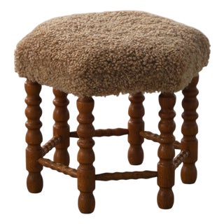 Mid-Century Modern Hexagon Oak Stool with Lambswool Seat and Bobbin Legs, 1950s For Sale