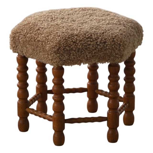 Mid-Century Modern Hexagon Oak Stool with Lambswool Seat and Bobbin Legs, 1950s For Sale