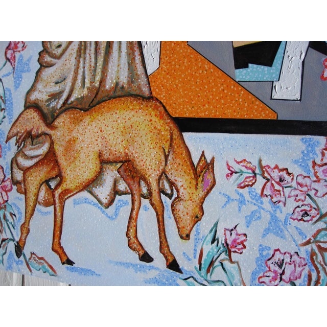 Cubism Interior with Picasso by Louis Recchia | Oil on canvas Woman holding a fox in a colorful interior scene. For Sale - Image 3 of 4