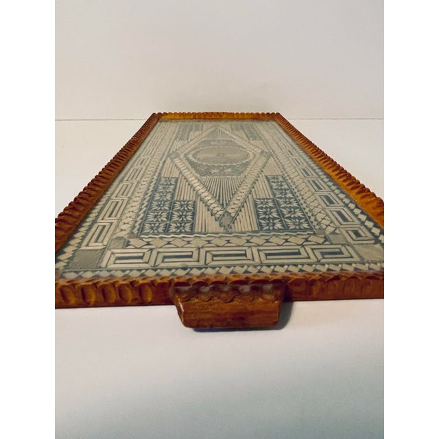 Textile Mid 20th Century Greek Folk Art Straw Marquetry Protected Glass Serving Tray For Sale - Image 7 of 7