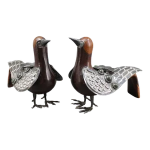 Mid 20th Century Carved Wood and Sterling Silver 925 Peru Folk Art Dove Birds Candle Holders - a Pair