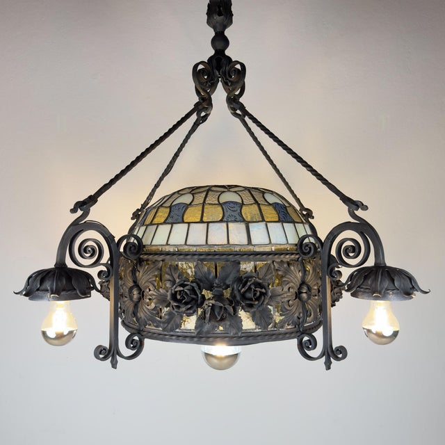 Art Nouveau Revival Wrought Iron Chandelier with Floral Stained Glass, Italy, 1950s For Sale - Image 12 of 18