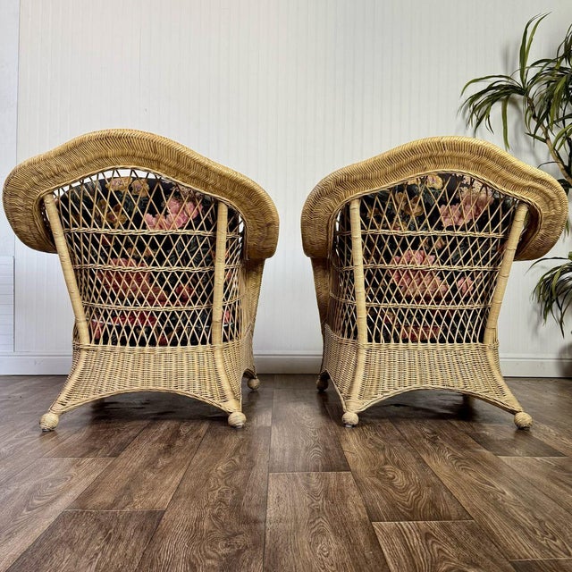 Pair Vintage Wicker Lounge Chairs W/ Floral Cushions For Sale - Image 10 of 12