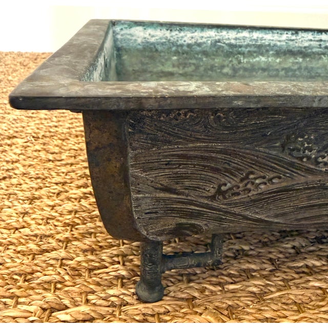Metal Signed Koi Bronze Large Rectangular Jardiniere For Sale - Image 7 of 11