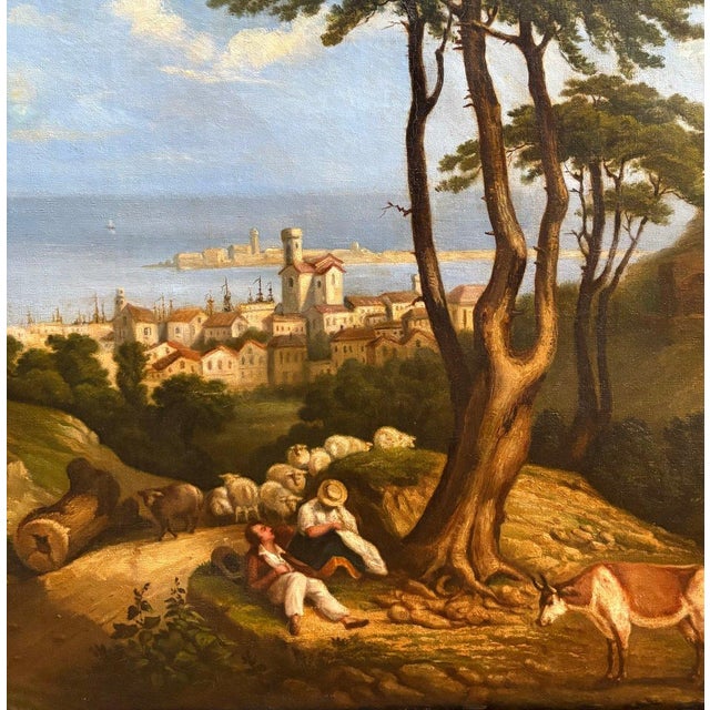 French School, 19th century. Oil painting on canvas. Depicts travelers on a path, with the town of Sète below. The reverse...