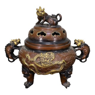 Large Vintage Gilt Bronze Tripod Censer With Dragon and Beast Motifs For Sale