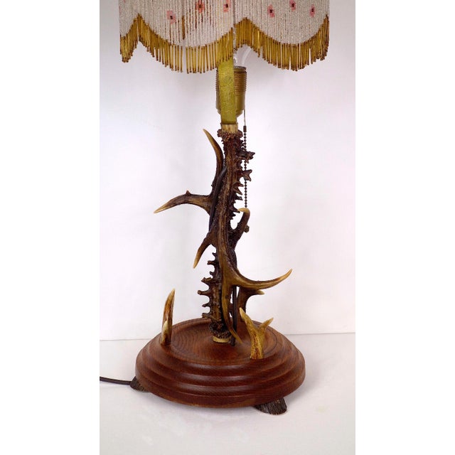 Antique Antler and Beaded Fabric Shade Table Lamp, 1930s/40s, Single Light, 73 Cm High from Unbekannt For Sale - Image 4 of 9
