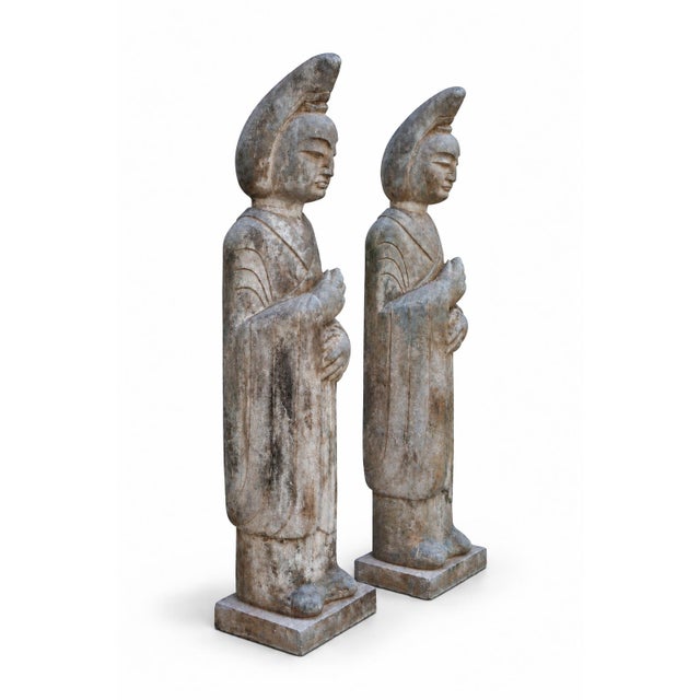 Stone Gray Pair Monumental Antique 48" Solid Stone Chinese Court Lady Figure Statues Tang Style For Sale - Image 8 of 18