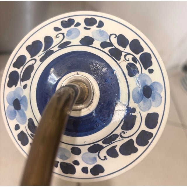 Ceramic Mid 20th Century Delft Blue & White Porcelain Floral Hanging Chandelier Light Fixture 6 Arm For Sale - Image 7 of 10