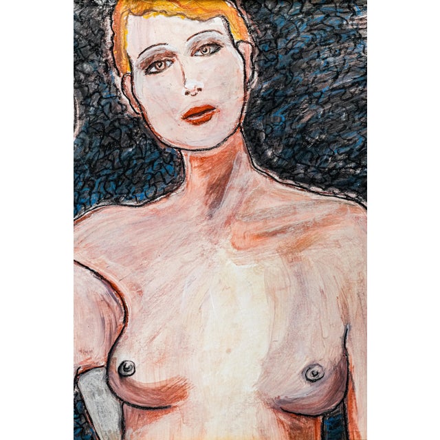 Evocative Boho Style Nude Female Charcoal Portrait Drawing Gold Frame For Sale - Image 4 of 14