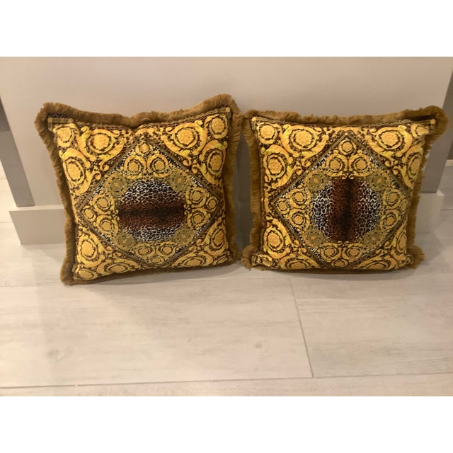 Atelier Versace vintage pair of 2 custom made pillows gold bronze baroque 28”28” with inserts in perfect condition 1990s