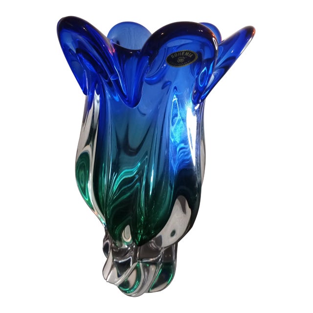 1980s Bohemia Czech Sommerso Green/Blue Art Glass Vase. For Sale